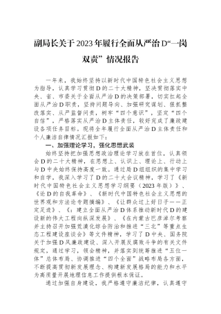 副局长关于2023年履行全面从严治党“一岗双责”情况报告
