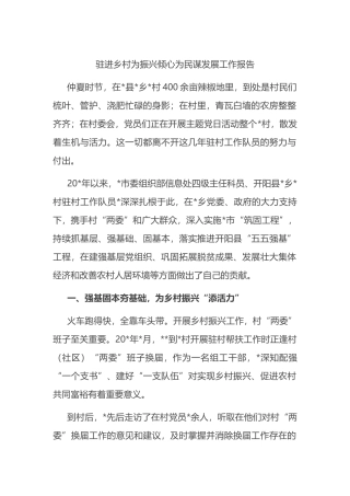 驻进乡村为振兴倾心为民谋发展工作报告
