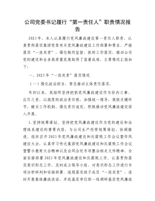 公司党委书记履行“第一责任人”职责情况报告