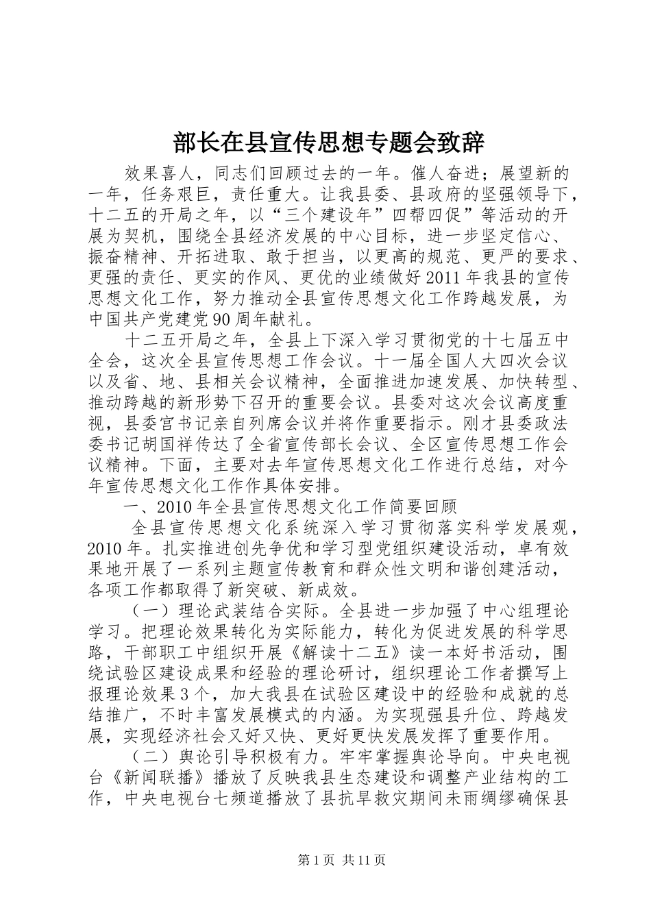 部长在县宣传思想专题会演讲致辞_第1页
