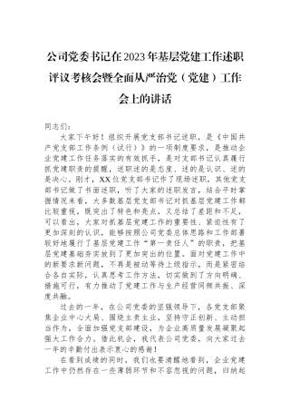 公司党委书记在2023年基层党建工作述职评议考核会暨全面从严治党（党建）工作会上的讲话