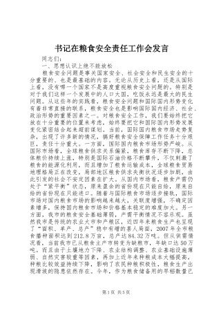 书记在粮食安全责任工作会发言稿