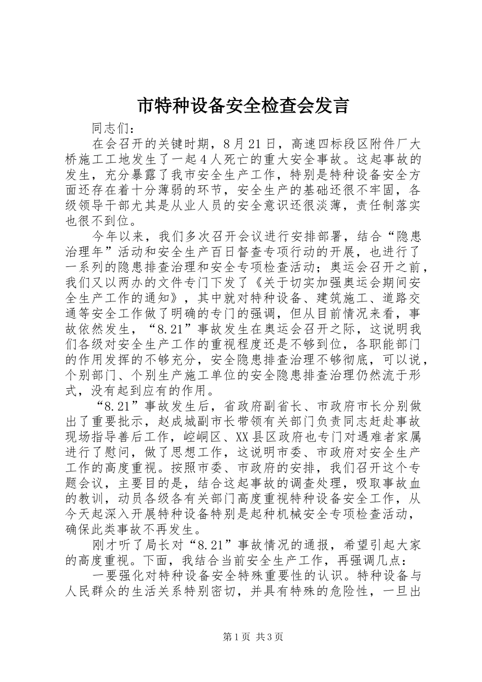 市特种设备安全检查会发言稿_第1页