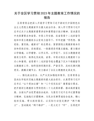 关于全区学习贯彻2023年主题教育工作情况的报告