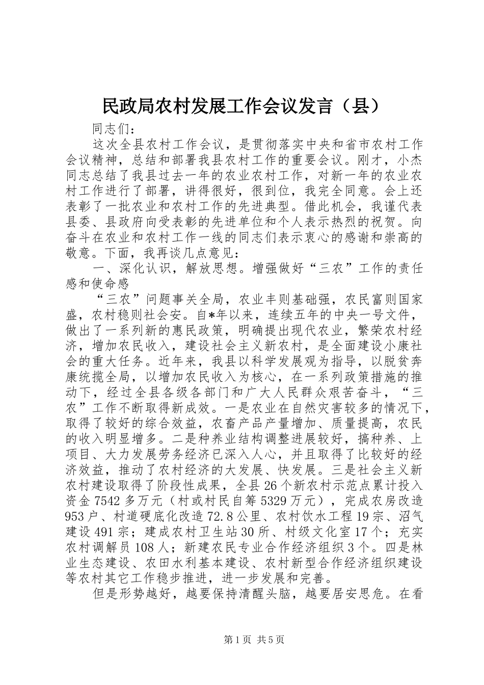 民政局农村发展工作会议发言稿（县）_第1页