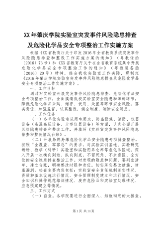 XX年肇庆学院实验室突发事件风险隐患排查及危险化学品安全专项整治工作实施方案
