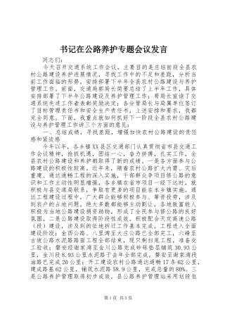 书记在公路养护专题会议发言稿