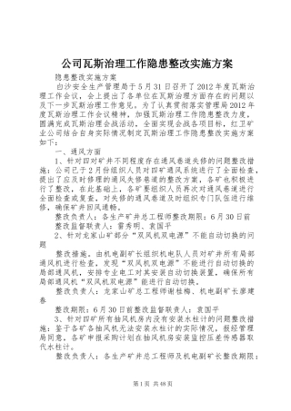 公司瓦斯治理工作隐患整改实施方案