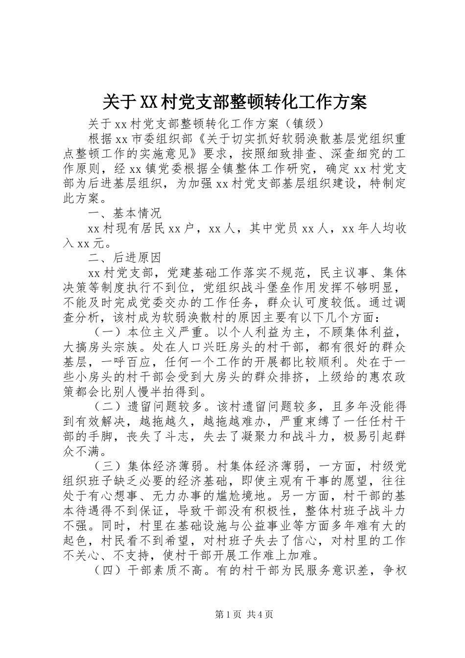 关于XX村党支部整顿转化工作方案_第1页