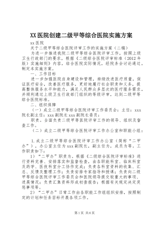 XX医院创建二级甲等综合医院实施方案
