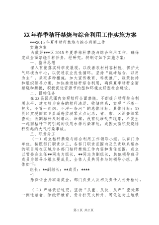 XX年春季秸秆禁烧与综合利用工作实施方案