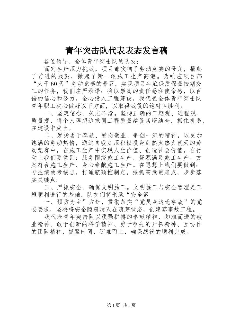 青年突击队代表表态发言稿范文_第1页