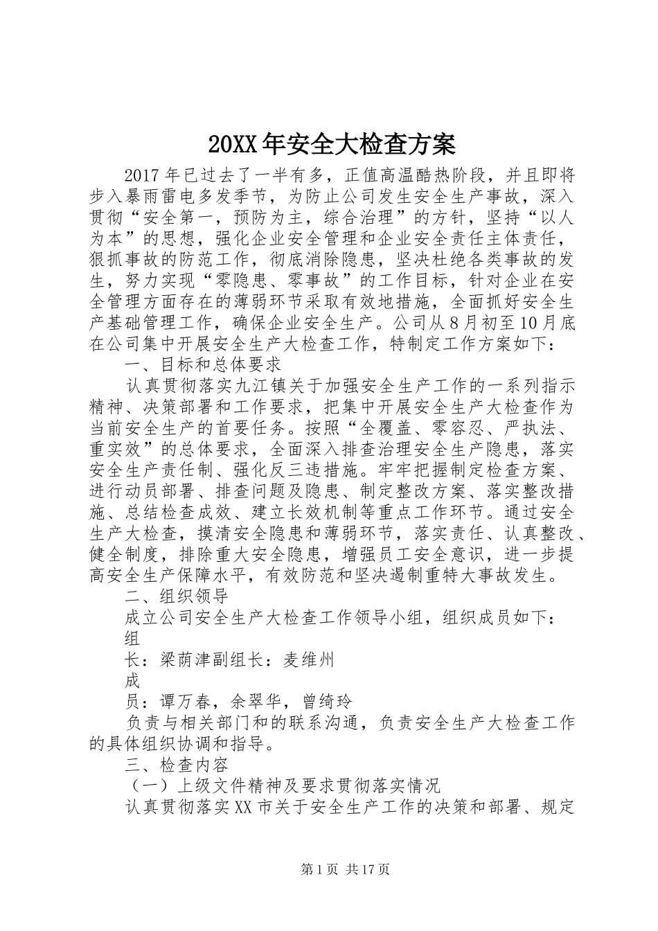 20XX年安全大检查方案_第1页