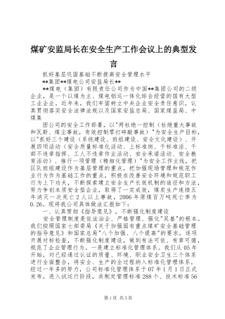 煤矿安监局长在安全生产工作会议上的典型发言稿