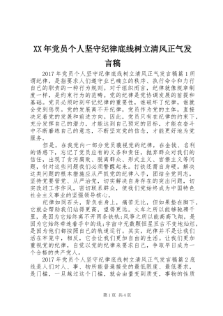 XX年党员个人坚守纪律底线树立清风正气发言