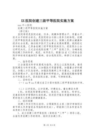 XX医院创建三级甲等医院实施方案