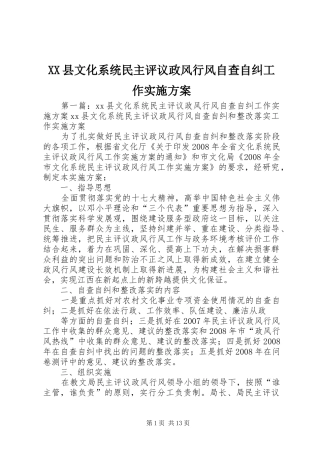 XX县文化系统民主评议政风行风自查自纠工作实施方案