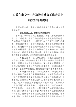 市长在市安全生产及防灾减灾工作会议上的安排部署提纲