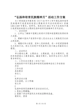 “弘扬和培育民族精神月”活动工作方案