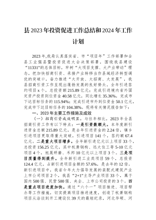 县2023年投资促进工作总结和2024年工作计划
