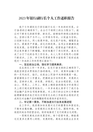 2023年银行副行长个人工作述职报告