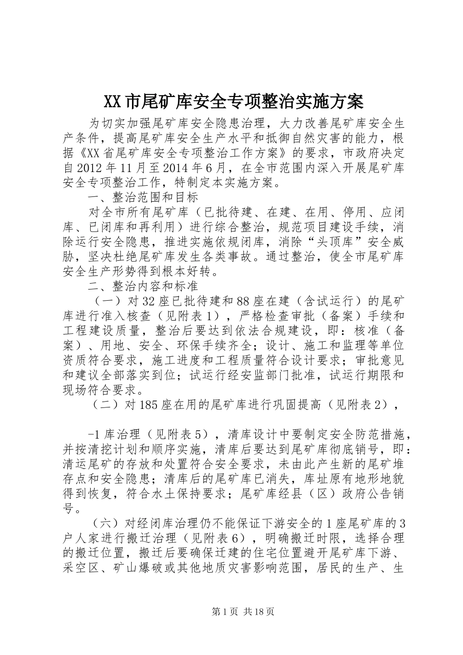 XX市尾矿库安全专项整治实施方案_第1页