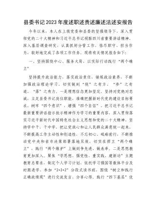 县委书记2023年度述职述责述廉述法述安报告 (1)