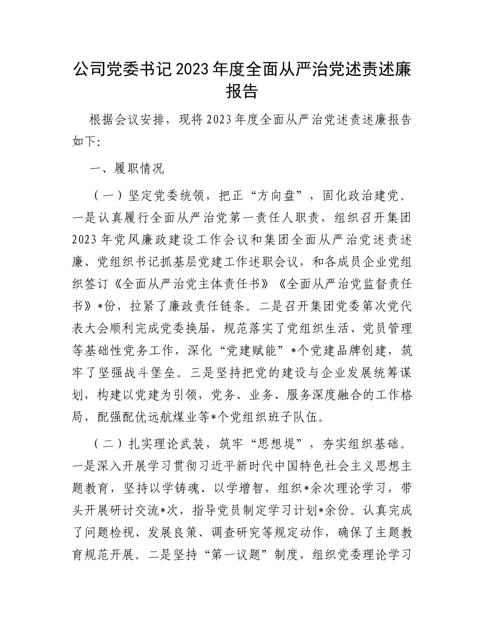 公司党委书记2023年度全面从严治党述责述廉报告_第1页