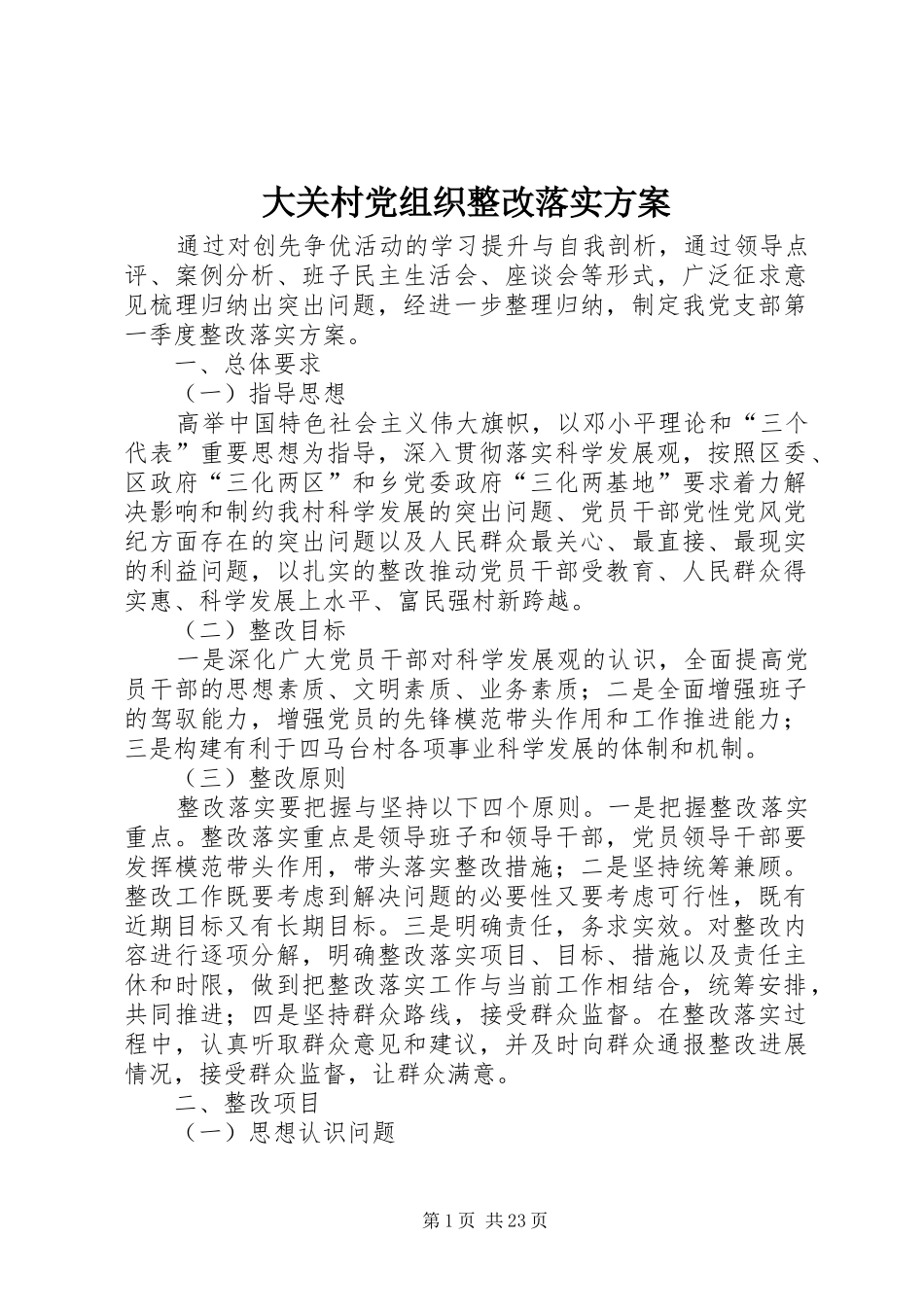 大关村党组织整改落实方案_第1页