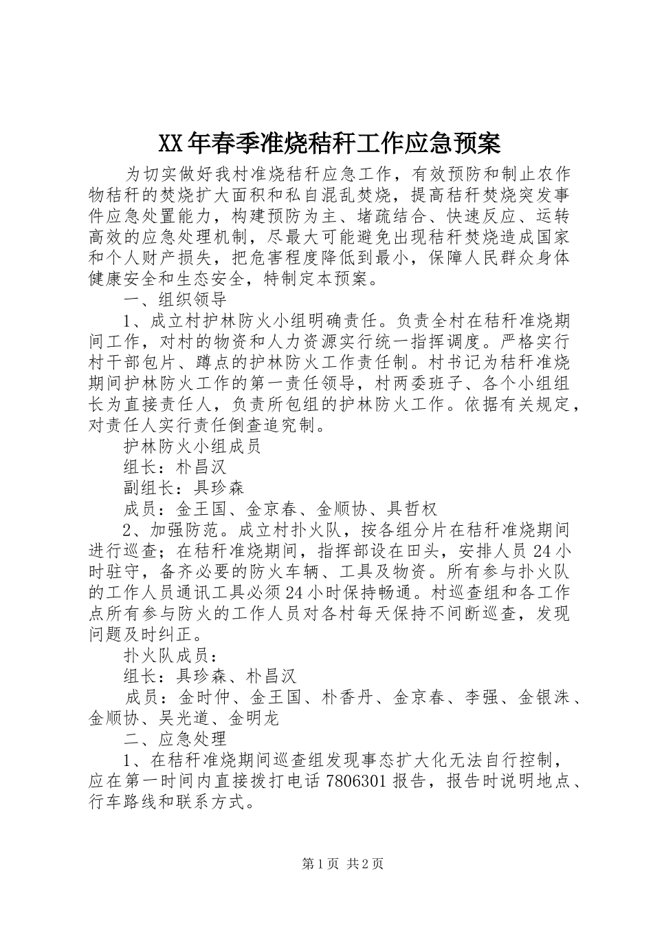 XX年春季准烧秸秆工作应急预案_第1页