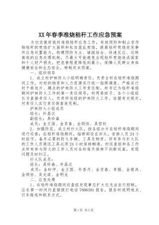 XX年春季准烧秸秆工作应急预案