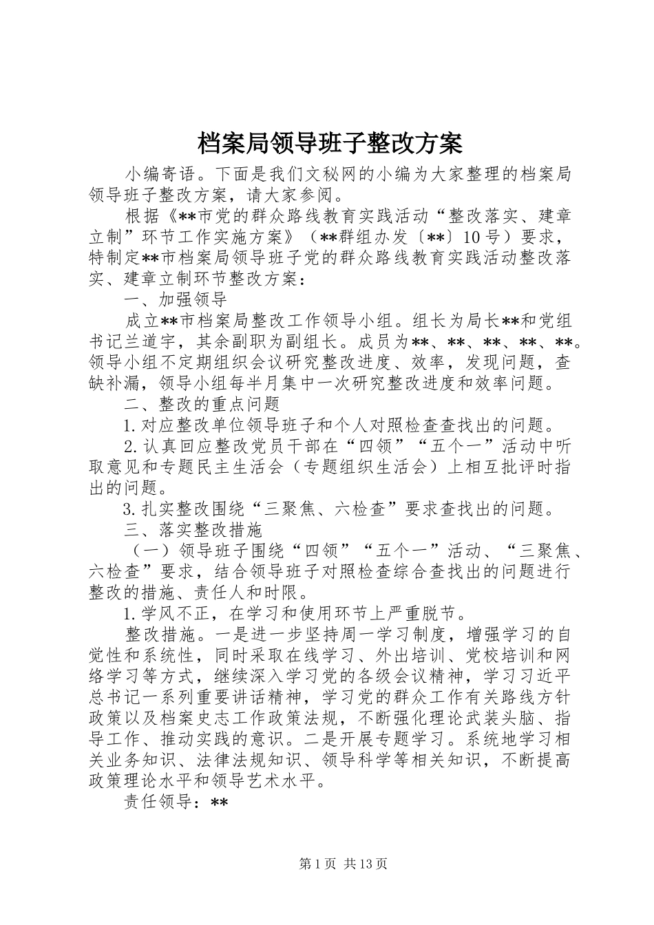 档案局领导班子整改方案_第1页