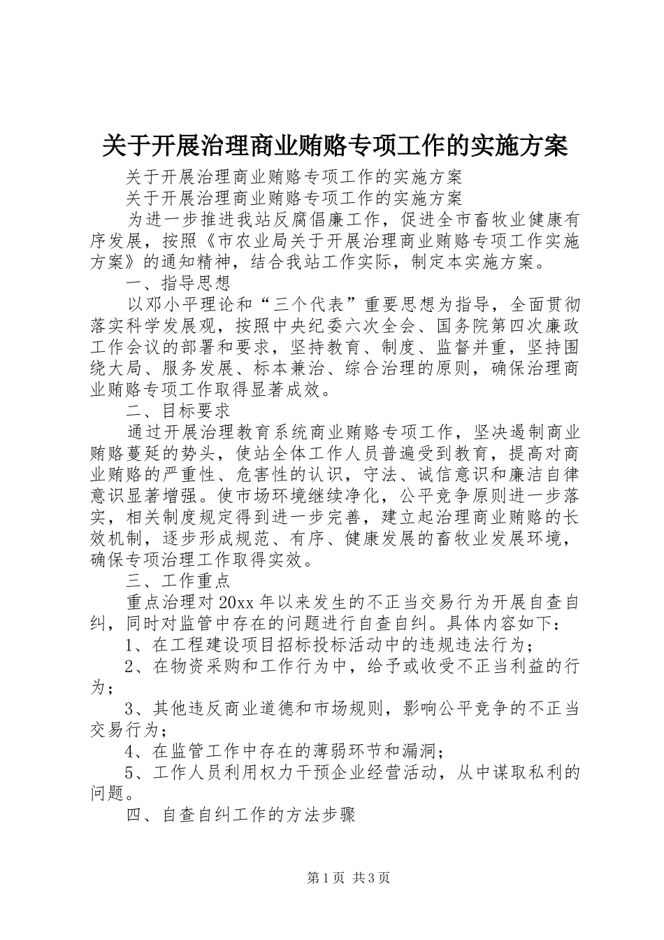 关于开展治理商业贿赂专项工作的实施方案_第1页