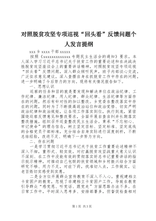 对照脱贫攻坚专项巡视“回头看”反馈问题个人发言提纲材料