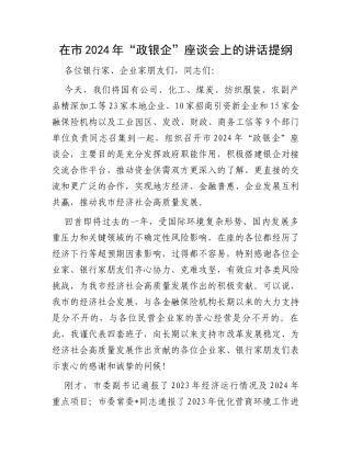 在市2024年“政银企”座谈会上的讲话提纲