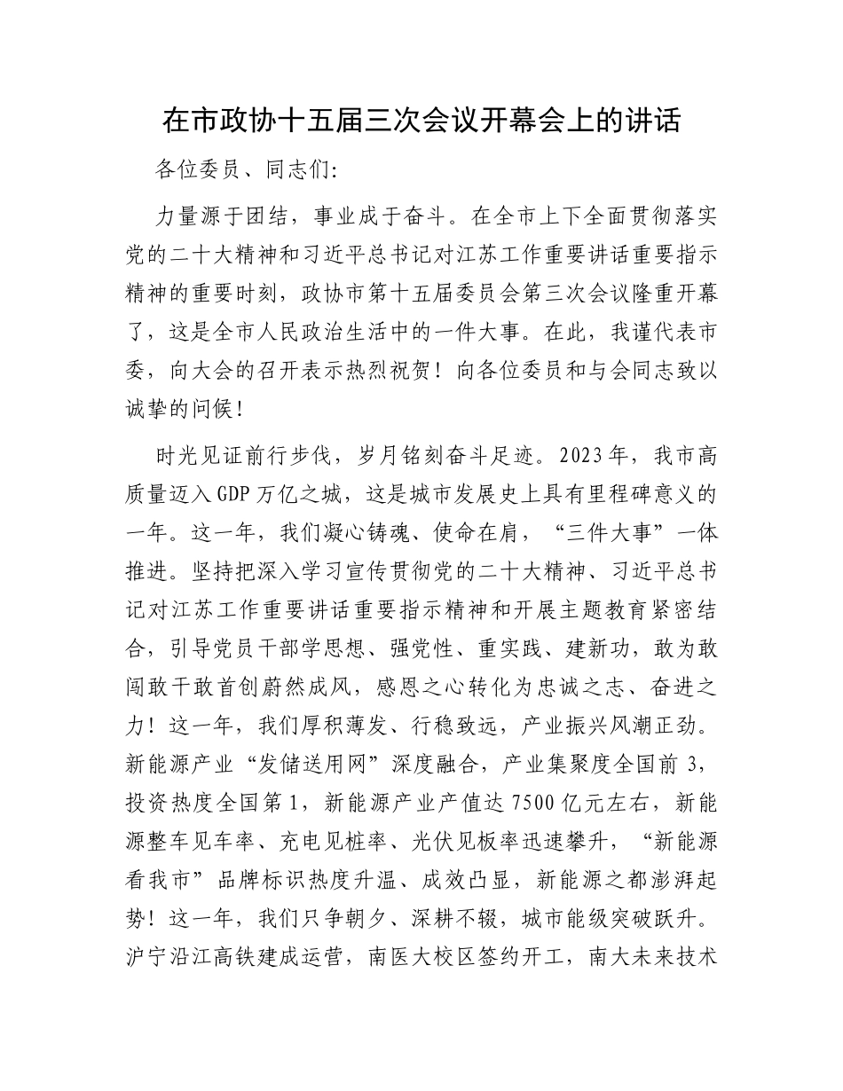 在市政协十五届三次会议开幕会上的讲话_第1页