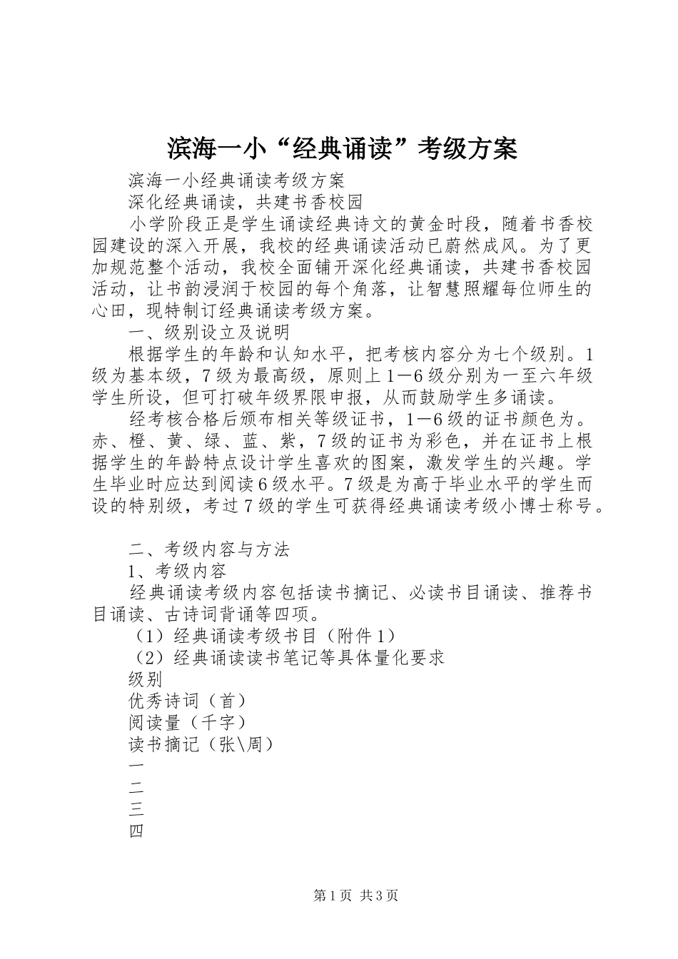 滨海一小“经典诵读”考级方案_第1页