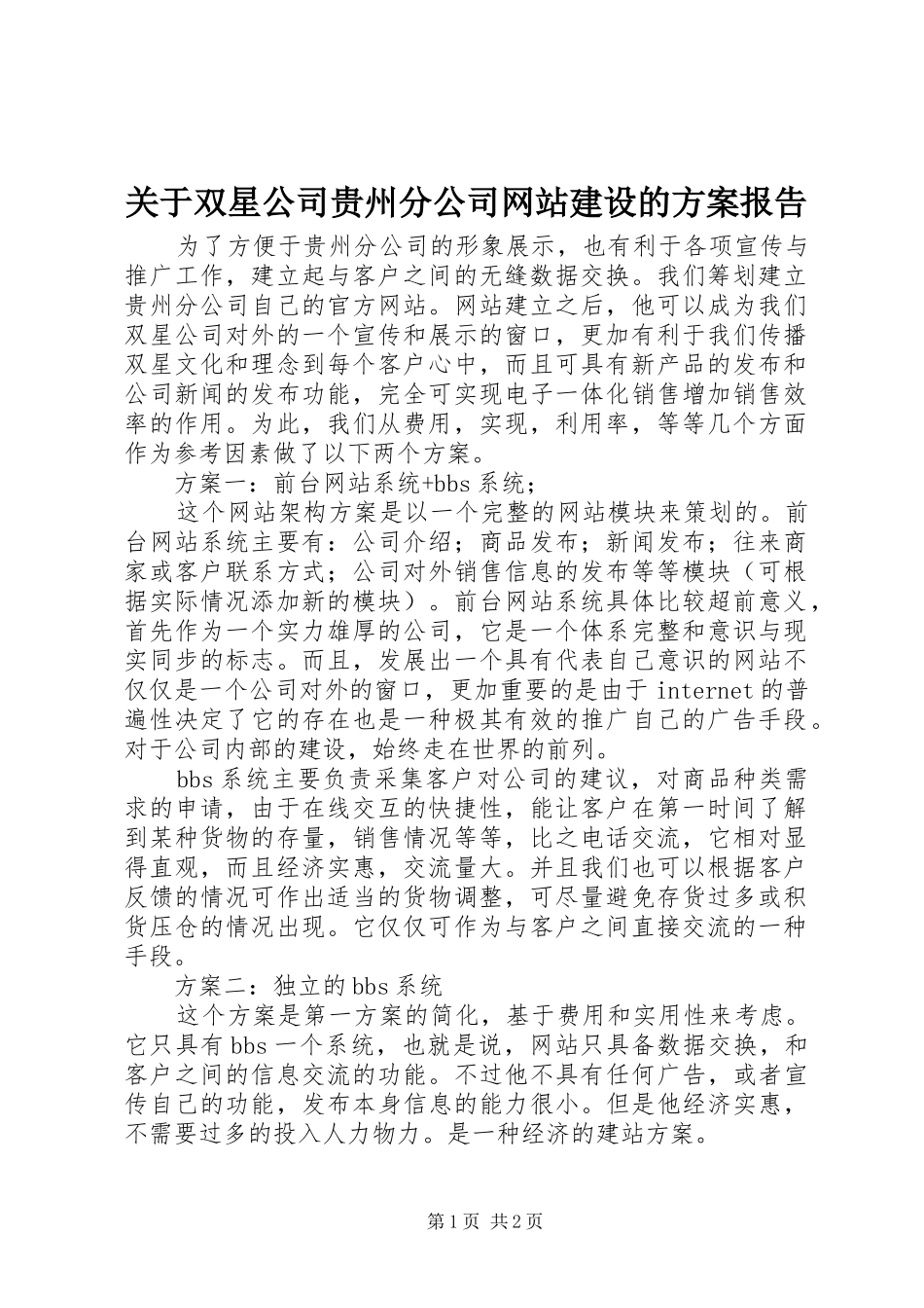 关于双星公司贵州分公司网站建设的方案报告_第1页