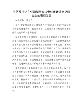 县区委书记在任职期间经济责任审计进点见面会上的表态发言