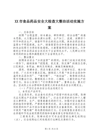XX市食品药品安全大检查大整治活动实施方案