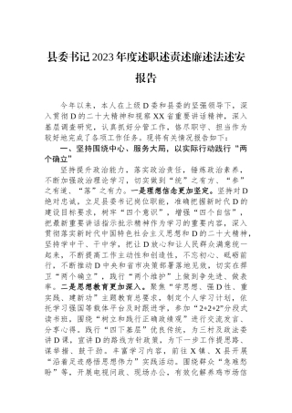 县委书记2023年度述职述责述廉述法述安报告 (2)