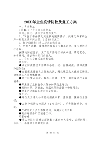 20XX年企业疫情防控及复工方案