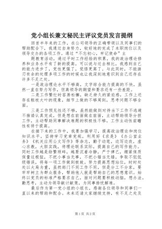 党小组长兼文秘民主评议党员发言提纲材料