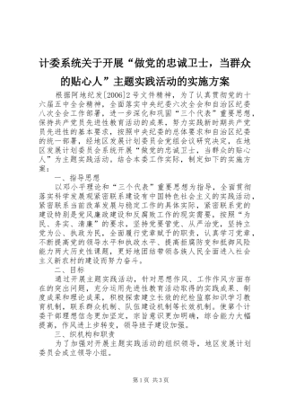 计委系统关于开展“做党的忠诚卫士，当群众的贴心人”主题实践活动的实施方案