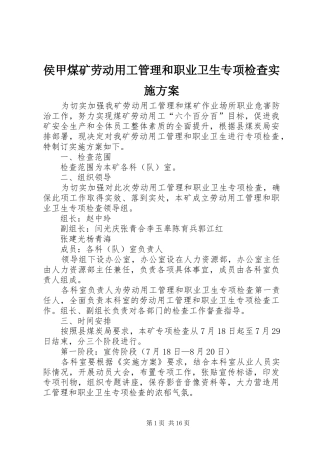 侯甲煤矿劳动用工管理和职业卫生专项检查实施方案