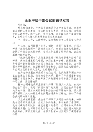 企业中层干部会议的领导发言稿