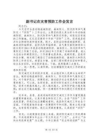副书记在灾害预防工作会发言稿