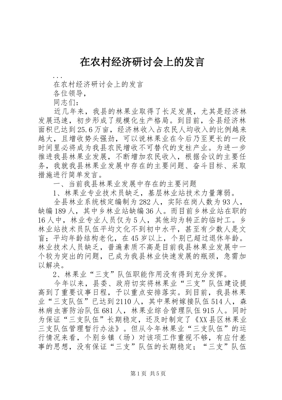 在农村经济研讨会上的发言稿_第1页