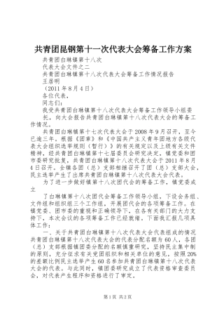 共青团昆钢第十一次代表大会筹备工作方案