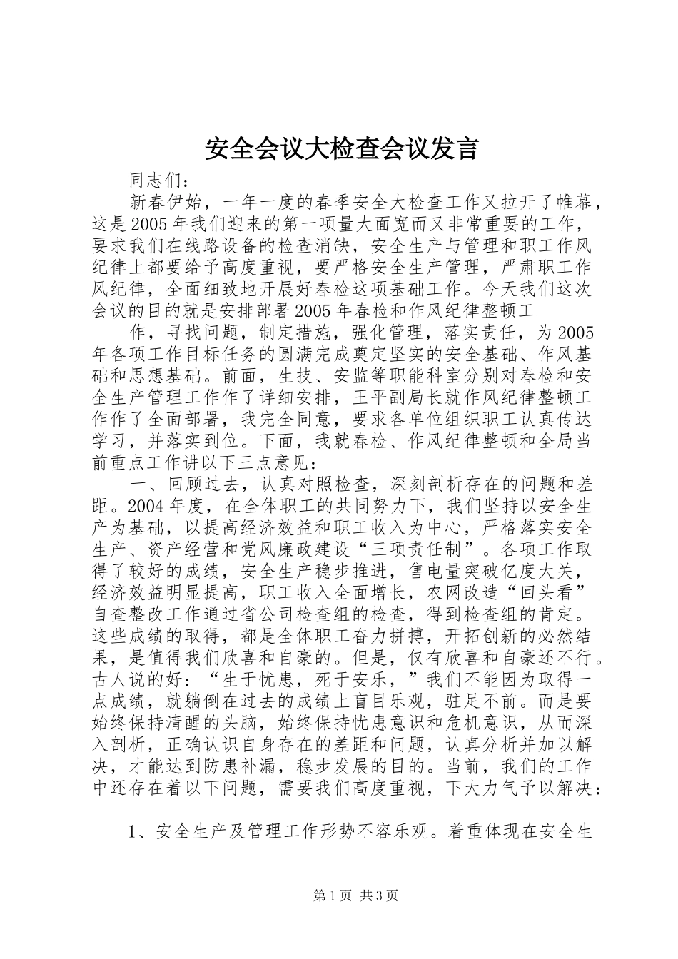 安全会议大检查会议发言材料_第1页